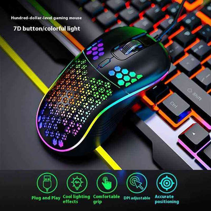Gaming mouse with colorful lighting on a keyboard, featuring text and icons about mouse features.