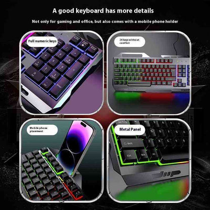 Keyboard with full numeric keys, mobile phone holder, and metal panel design on a dark background.