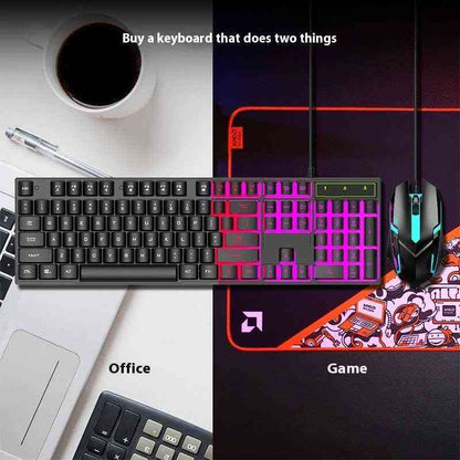 Keyboard and mouse setup with text 'Buy a keyboard that does two things' on a desk.