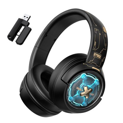 Black gaming headset with USB adapter on a white background