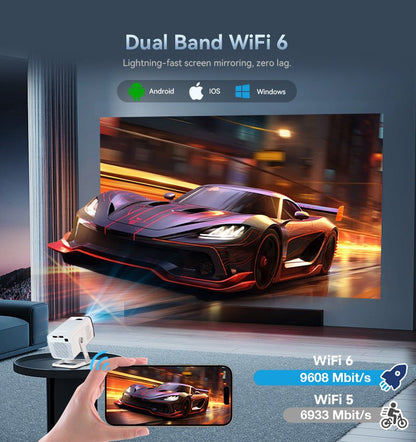 Smart TV displaying a car on screen with dual band WiFi 6 technology, held by a hand with a smartphone.