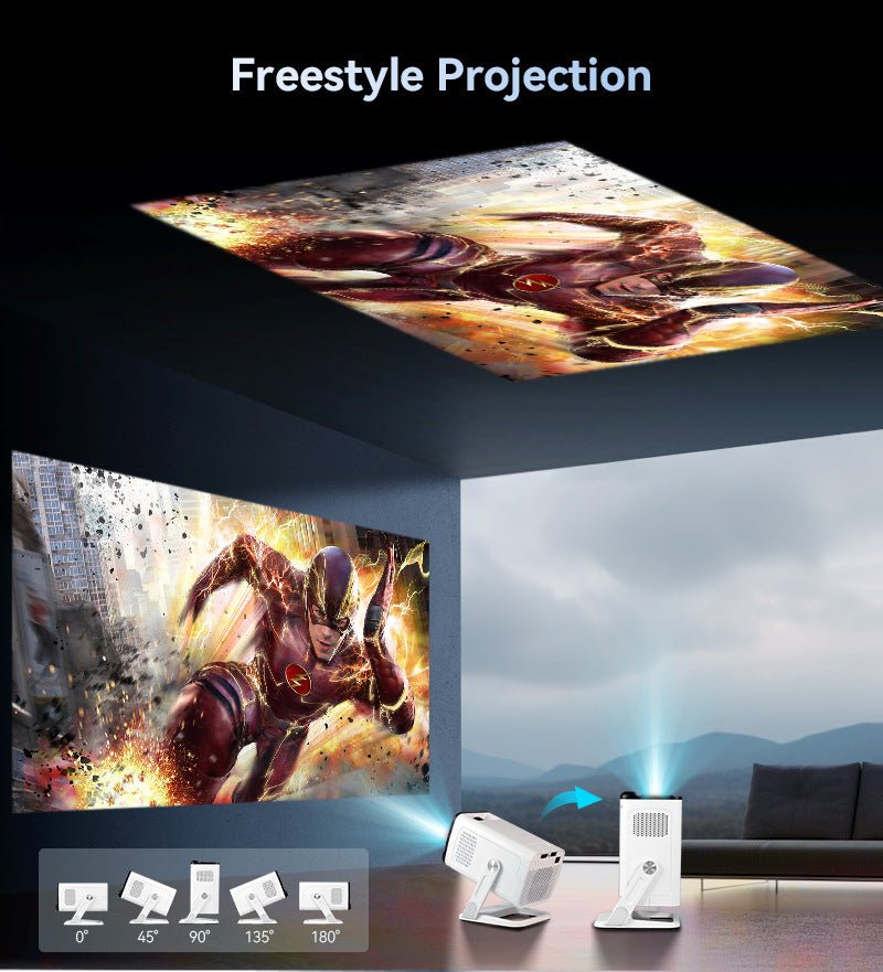 Home theater setup with freestyle projection technology, showing a superhero on the ceiling.