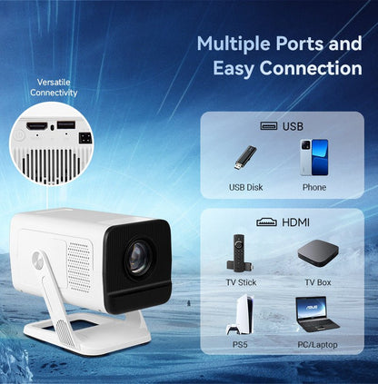 White projector with connectivity options on a blue background