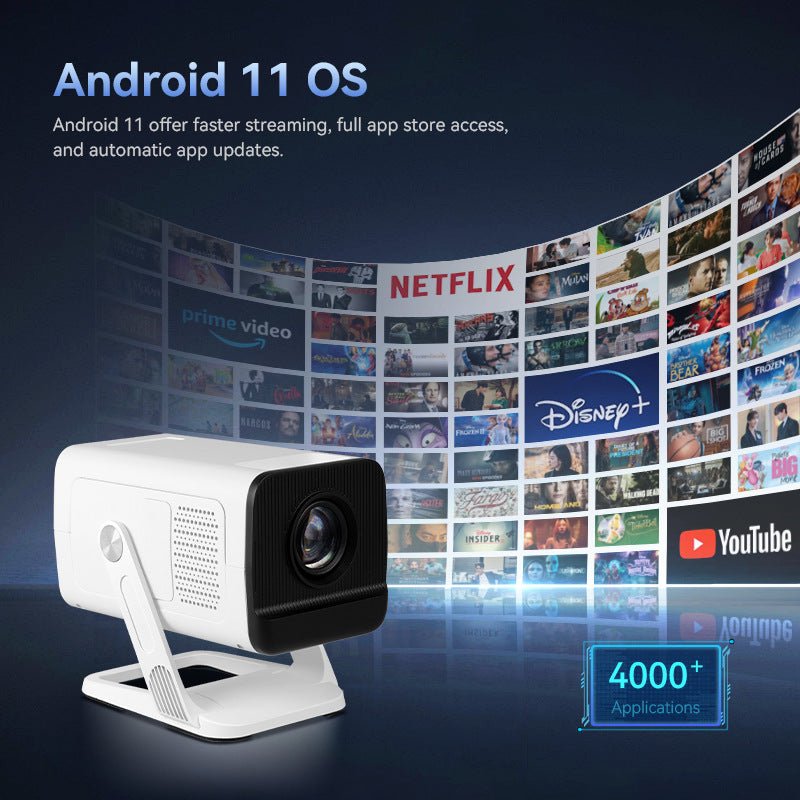White projector with Android 11 OS text and streaming platform logos on a dark background