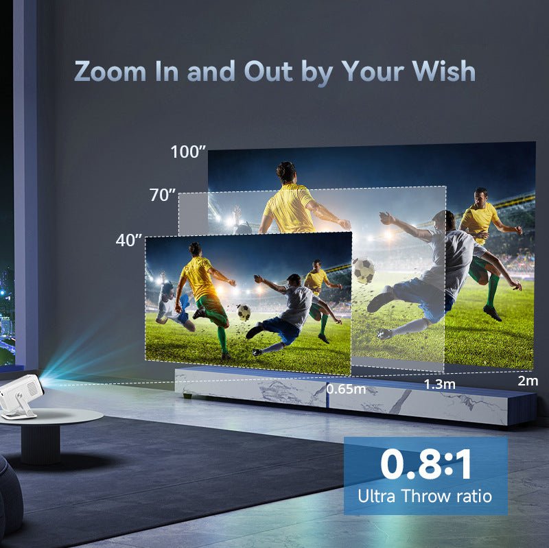 Projector displaying a soccer game on a large screen with text about projection ratio and screen size.