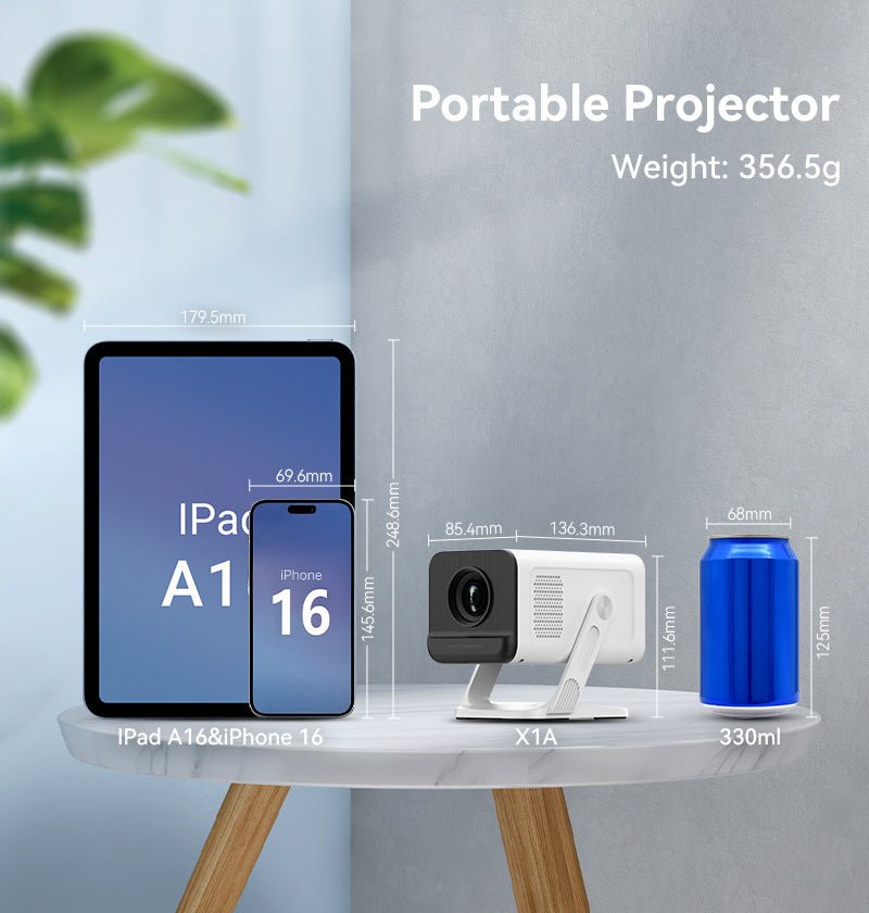 Portable projector with dimensions compared to a tablet, phone, and can on a stand.