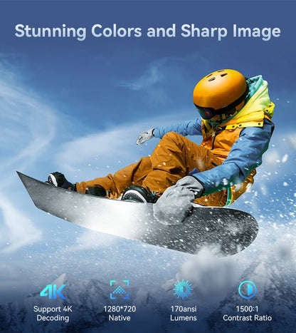 Person snowboarding with text about image quality features