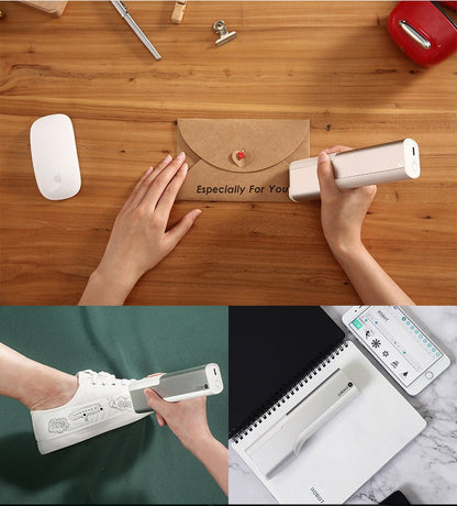 Collage of a handheld printer being used on a desk,a shoe, and on a marble surface with.