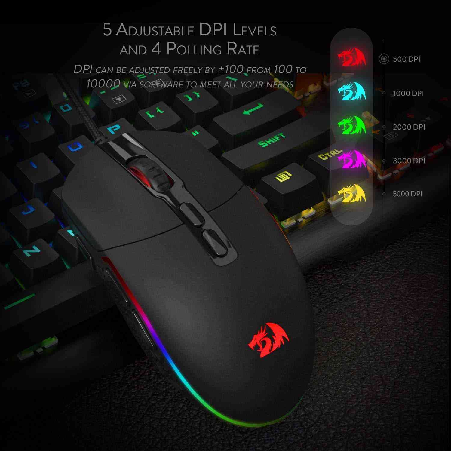Gaming mouse with RGB lighting on a dark background, featuring adjustable DPI levels.