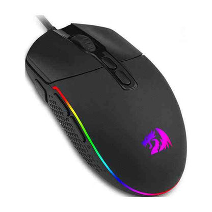 Black gaming mouse with RGB lighting and a logo on a white background