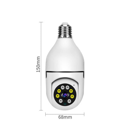 White security camera in the shape of a light bulb with dimensions indicated on a white background