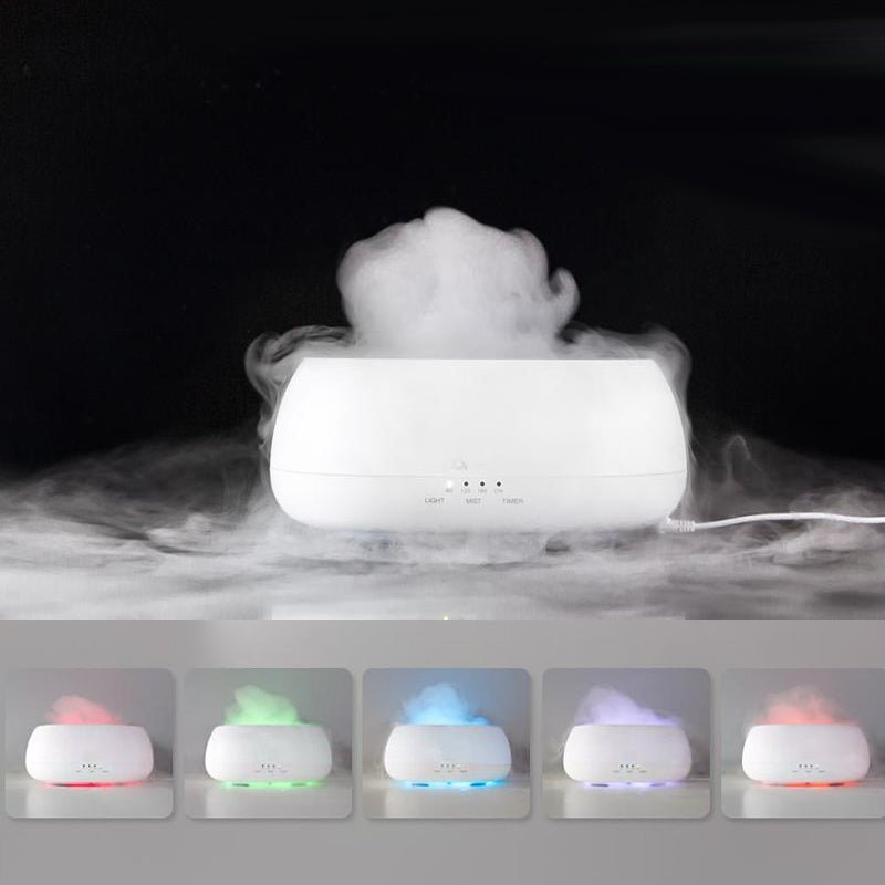 White humidifier emitting mist with color-changing lights on a dark background