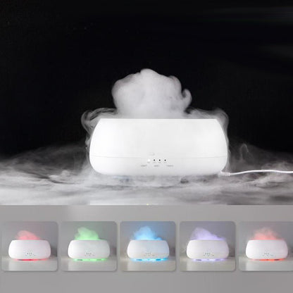 White humidifier emitting mist with color-changing lights on a dark background