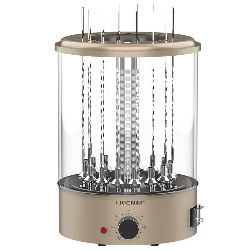 Beige electric skewer grill with metal skewers on a white background