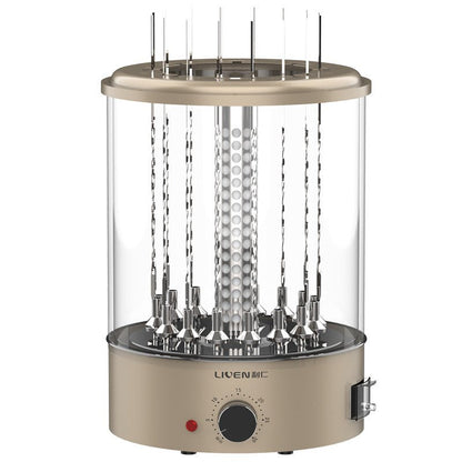 Beige electric skewer grill with metal skewers on a white background