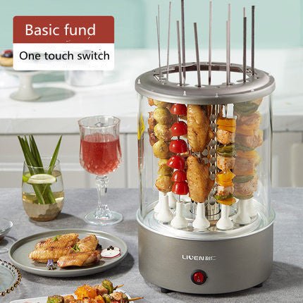 Hot dog and skewer warmer on a table with food and drinks in the background