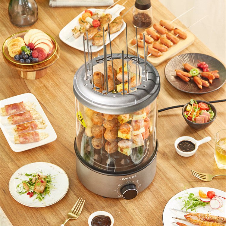 Hot dog and sausage grill on a wooden table with various food items around