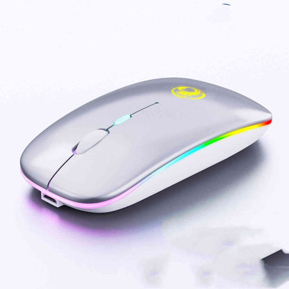 Silver gaming mouse with RGB lighting on a white background