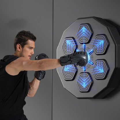 Person wearing a black glove punching a boxing bag with blue lights on a gray background