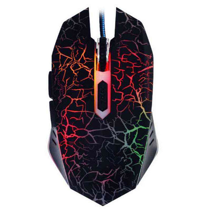 Gaming mouse with cracked surface design and multicolor lighting on a white background