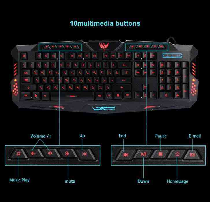 Gaming keyboard with multimedia buttons labeled on a black background