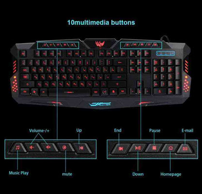 Gaming keyboard with multimedia buttons labeled on a black background
