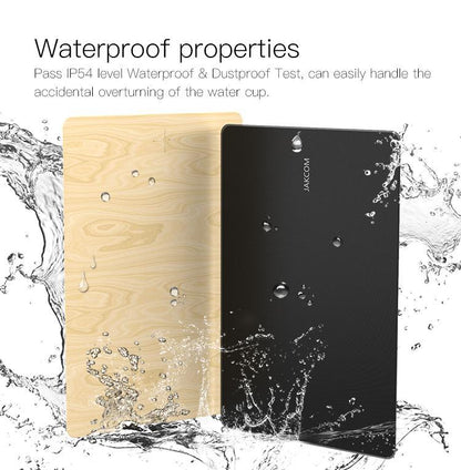 Two power banks, one wooden and one black, with water droplets around them on a white background.