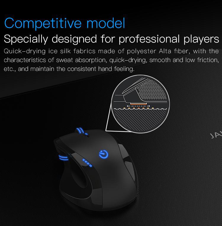 Black gaming mouse with blue accents on a dark textured background, featuring text about competitive design for professional players.