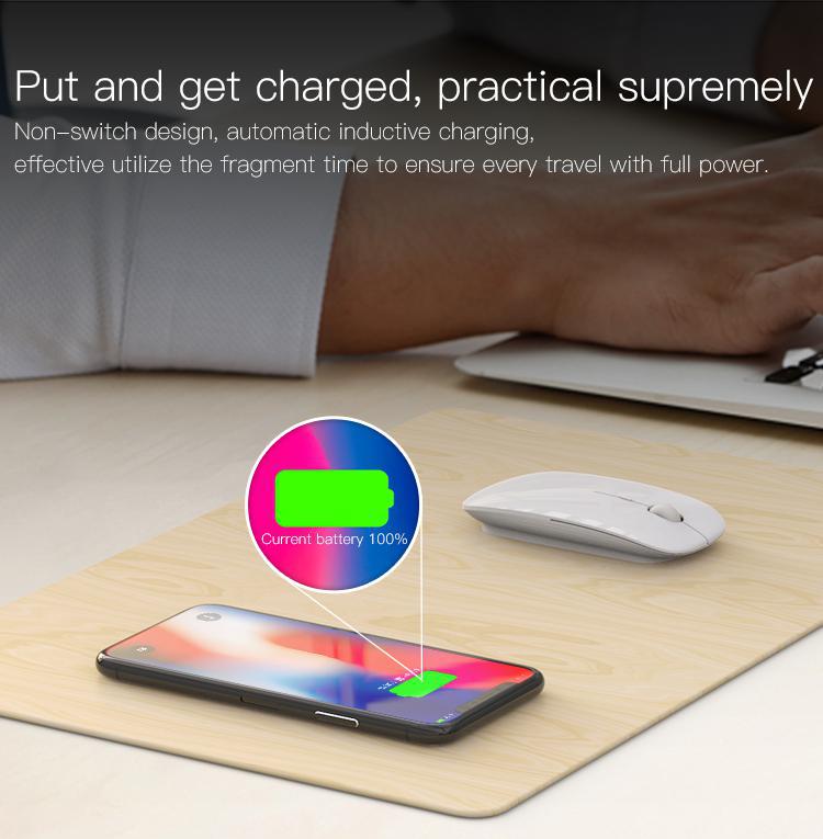 Wireless charging pad with smartphone and mouse on a desk, text about charging technology.