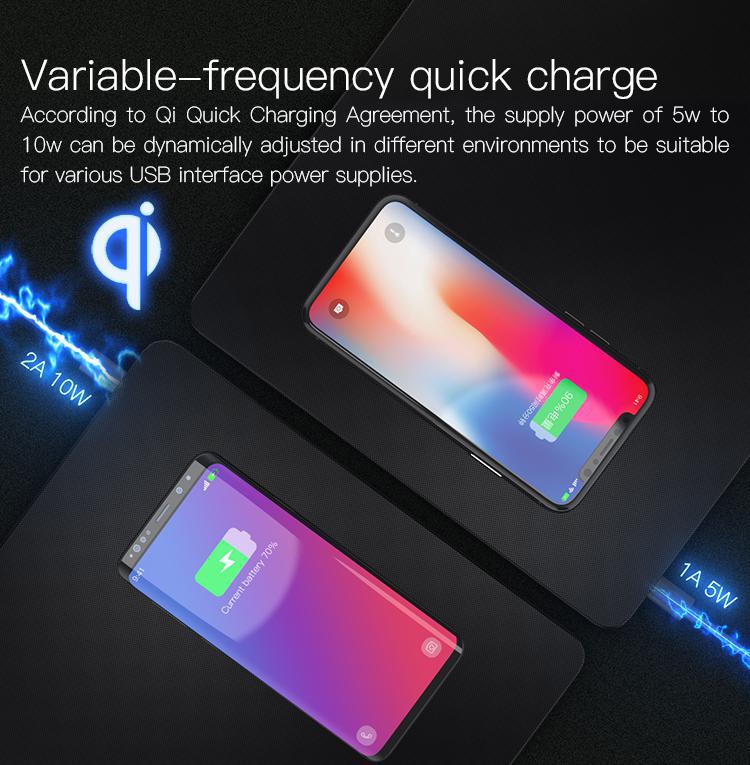Two smartphones charging on a black surface with text about variable-frequency quick charge.