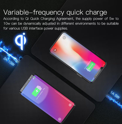 Two smartphones charging on a black surface with text about variable-frequency quick charge.