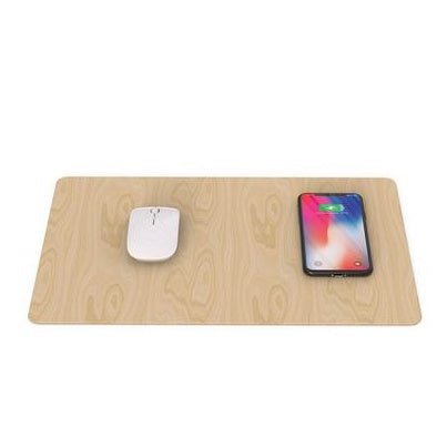 Wooden desk mat with a phone and mouse on a white background