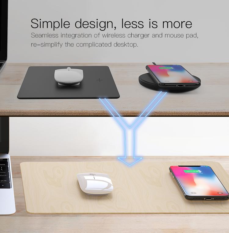 Wireless charger and mouse pad setup on a desk with text 'Simple design, less is more'.