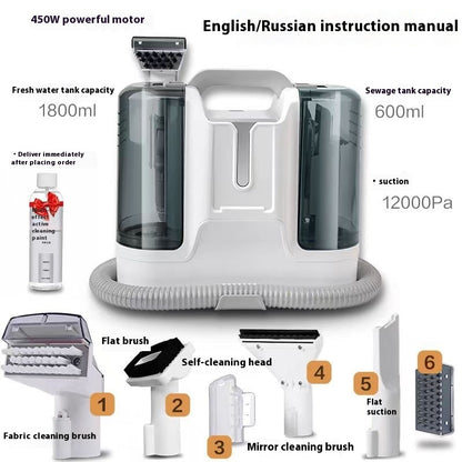 Cleaning device with attachments and specifications on a white background