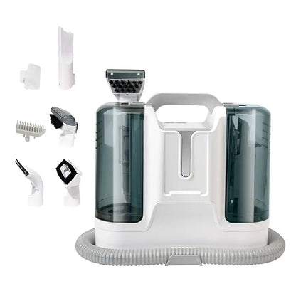 White handheld cleaning device with attachments on a white background