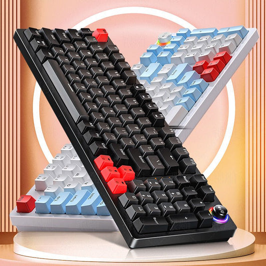 Black keyboard with red keycaps on a stand against a light pink background