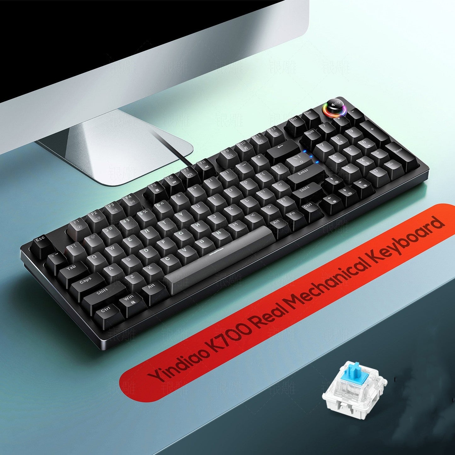 Mechanical keyboard with a red label on a desk