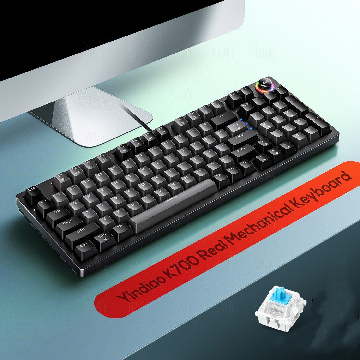 Mechanical keyboard with a red label on a desk
