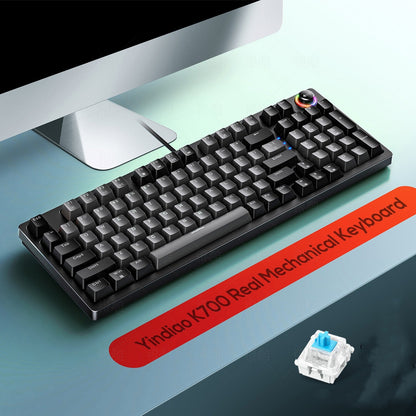 Mechanical keyboard with a red label on a desk