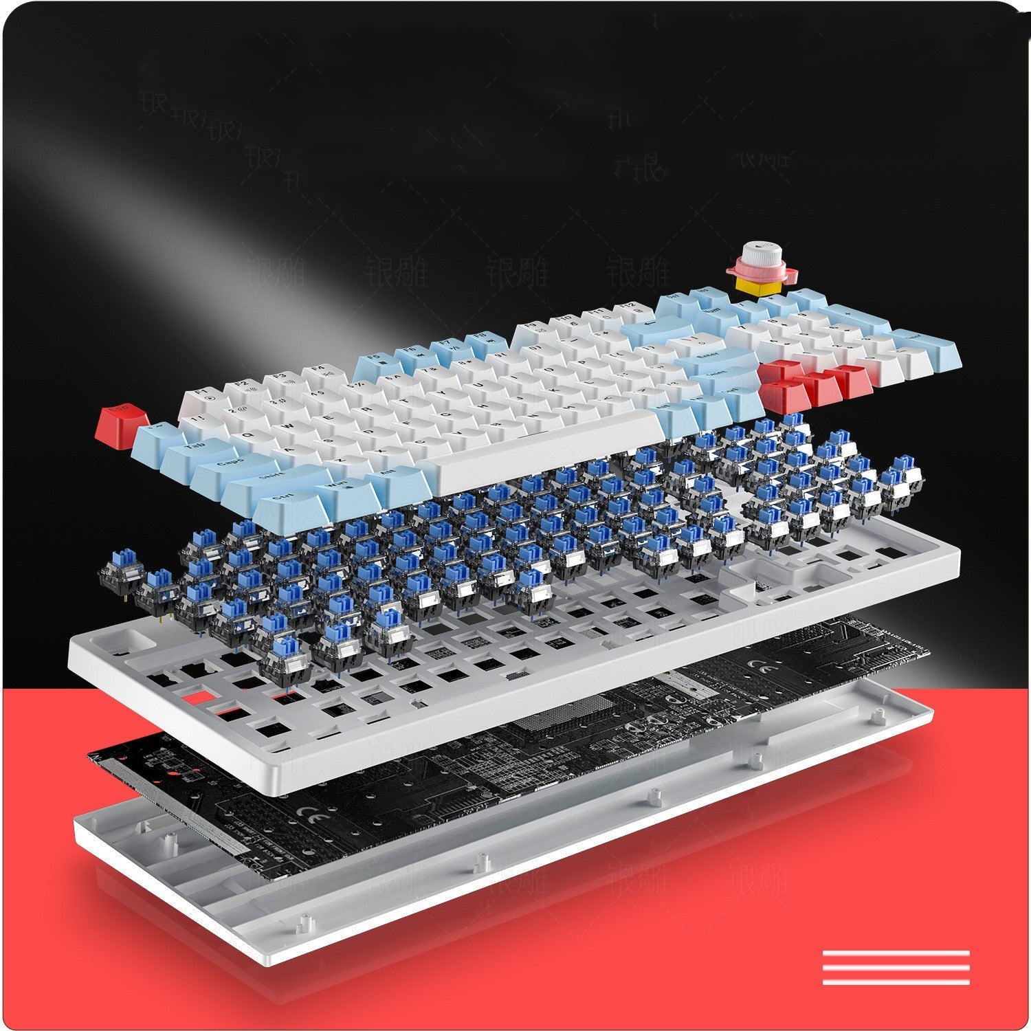 Keyboard assembly with keycaps, switches, and circuit board on a black and red background