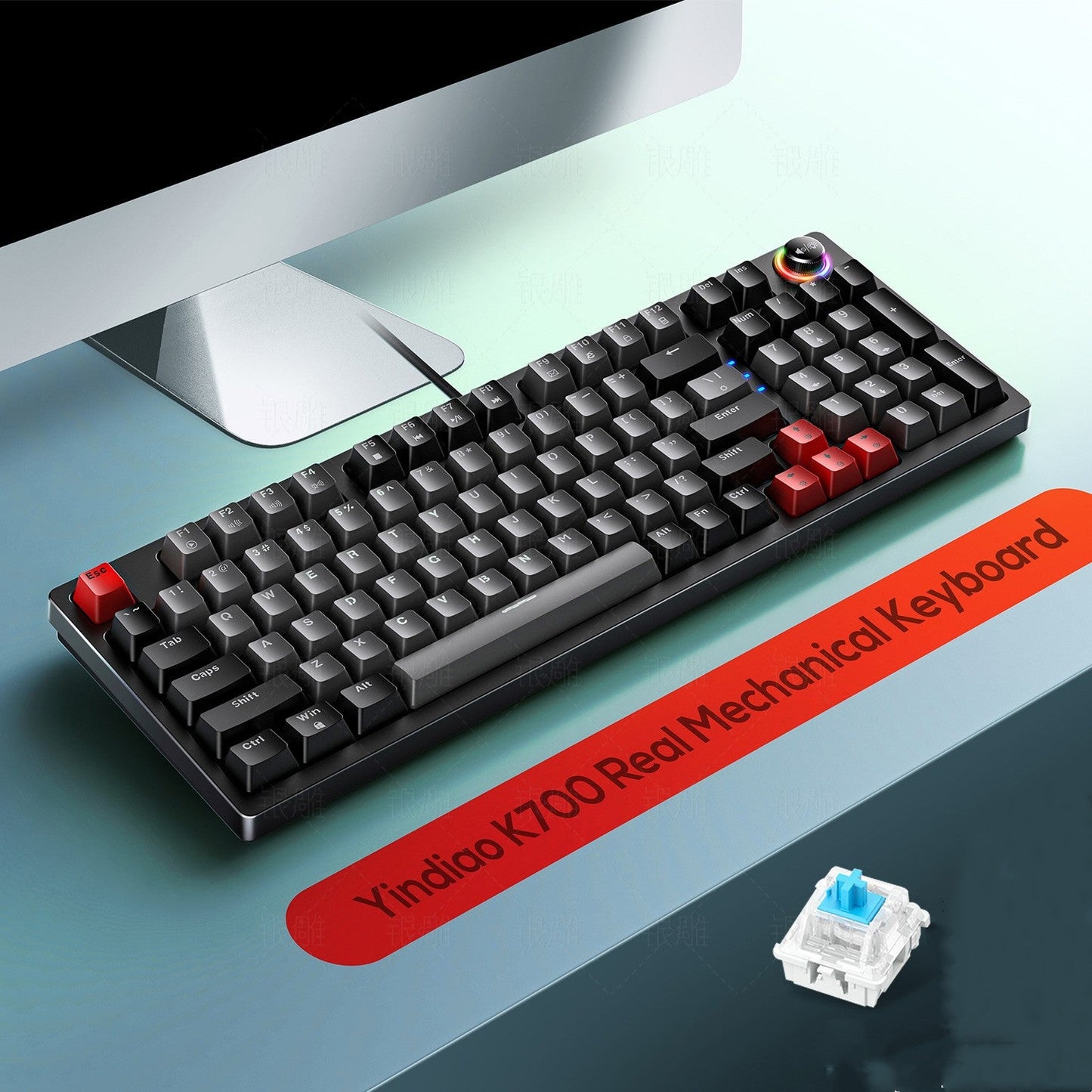 Mechanical keyboard with red escape key on a desk, featuring a Yindao K700 Real Mechanical Keyboard label.