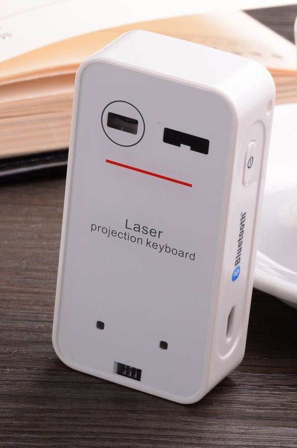 Laser projection keyboard on a wooden surface