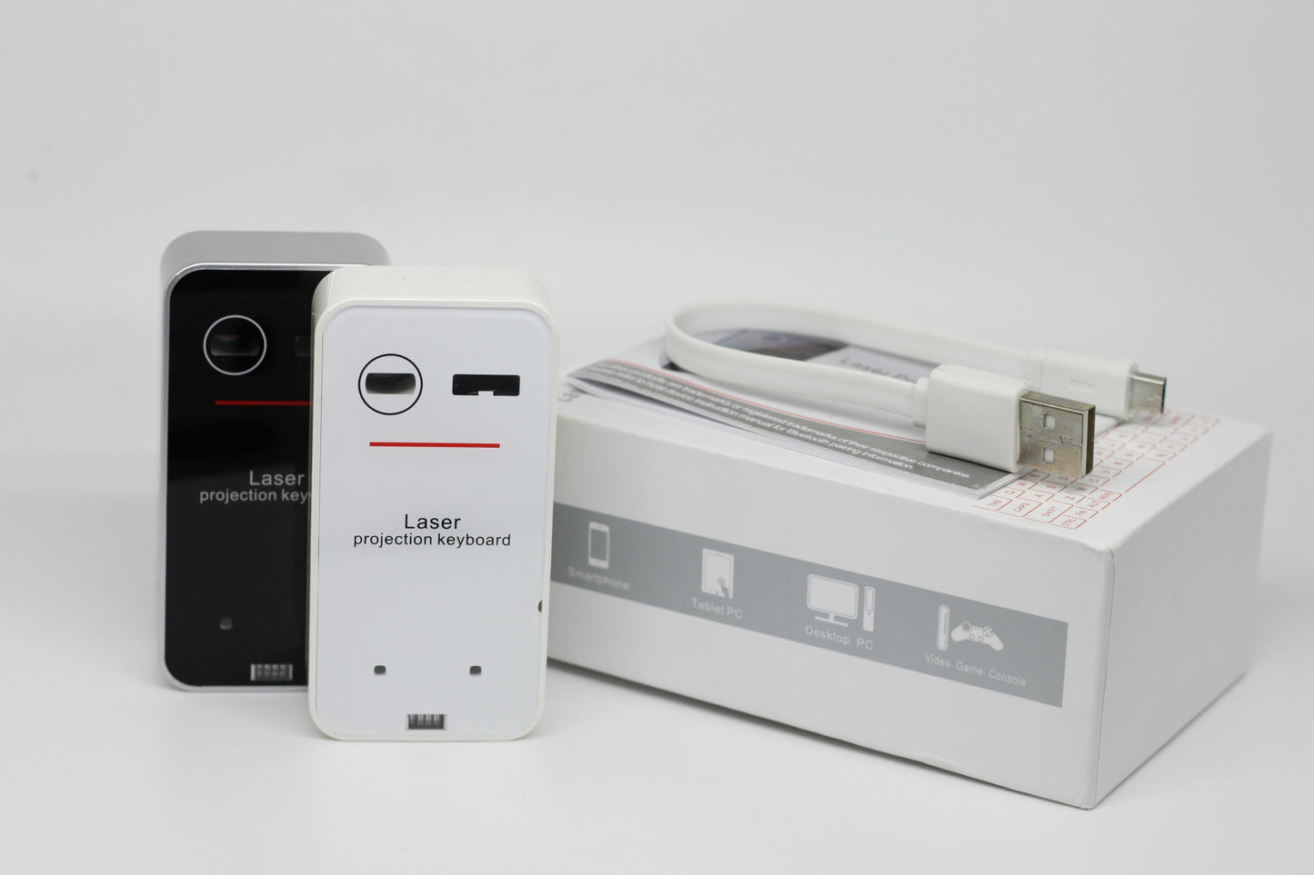 Laser projection keyboard with packaging on a white background