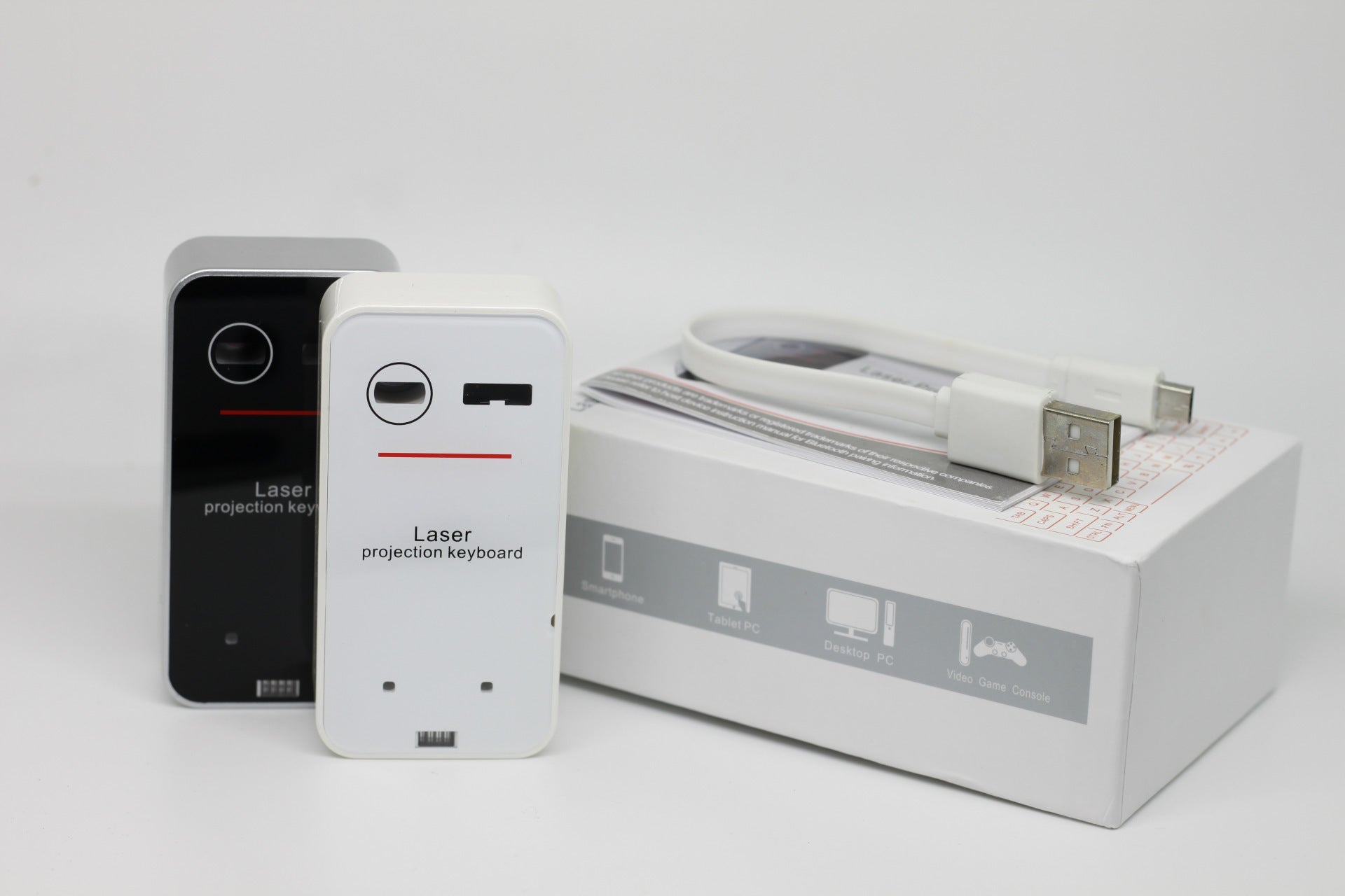 Laser projection keyboard with packaging on a white background