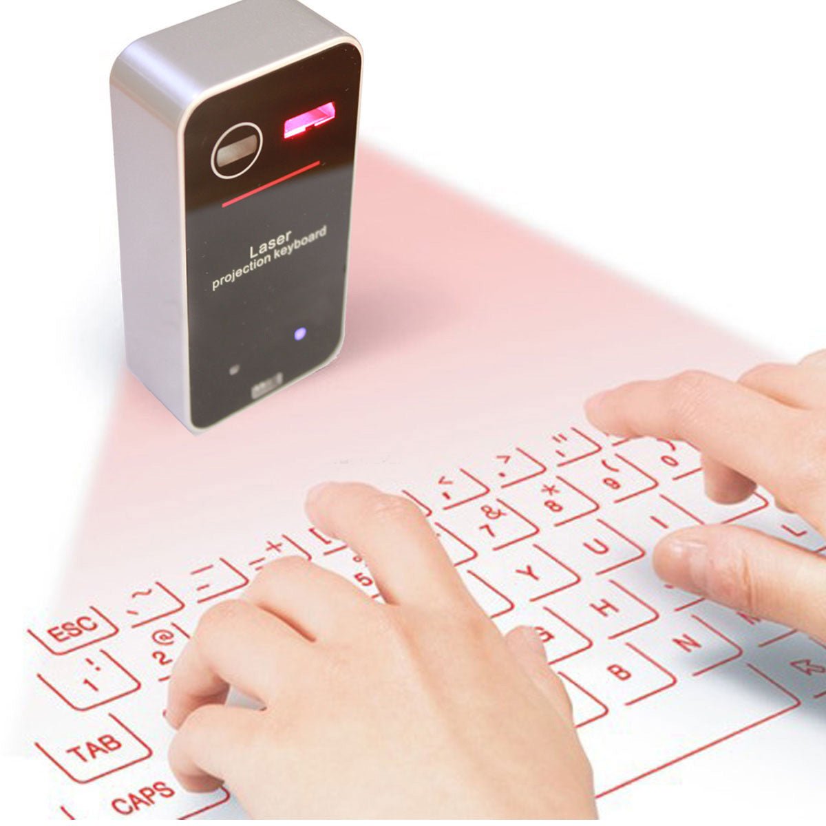 Laser projection keyboard device with hands interacting on a white background