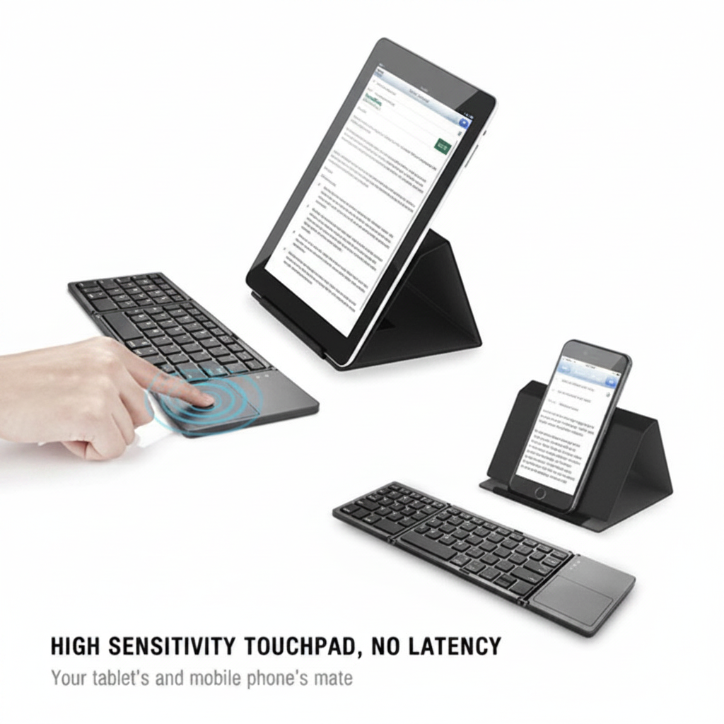 Black wireless tablet and phone keyboard set with built-in kickstands, shown with a tablet, a phone, and a hand touching the keyboard's touchpad. Text at the bottom reads 'HIGH SENSITIVITY TOUCHPAD, NO LATENCY' and 'Your tablet's and mobile phone's mate'.
