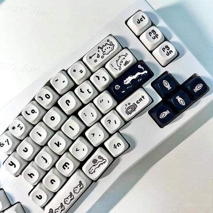 Close-up of a keyboard with cartoon character keycaps on a light background