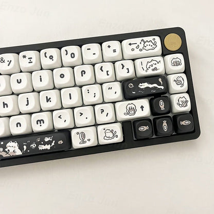 Keyboard with custom keycaps featuring cute illustrations on a light background