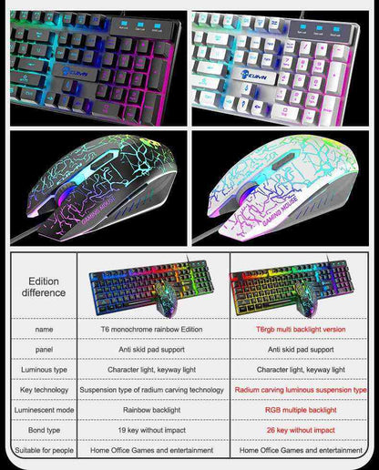 Collage of gaming keyboards and mice with specifications table on a white background