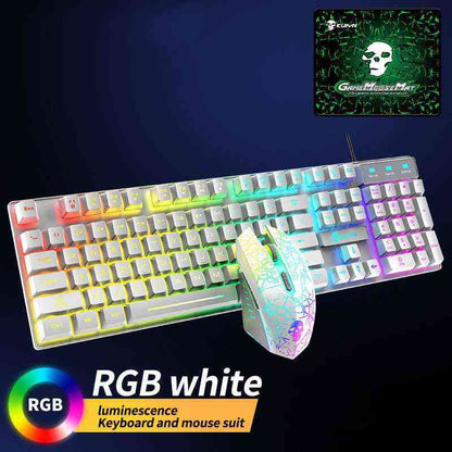 RGB white keyboard and mouse set with a mouse pad on a dark background